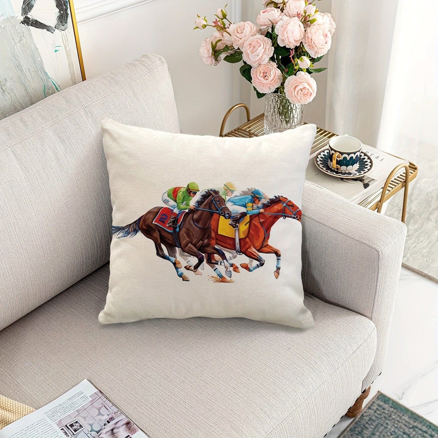 1 Stück, Kentucky Derby Kissenbezug, Run For The Roses Jockey Pferderenn-Themenparty Dekoration für Couch Sofa, ohne Kissenfüllung