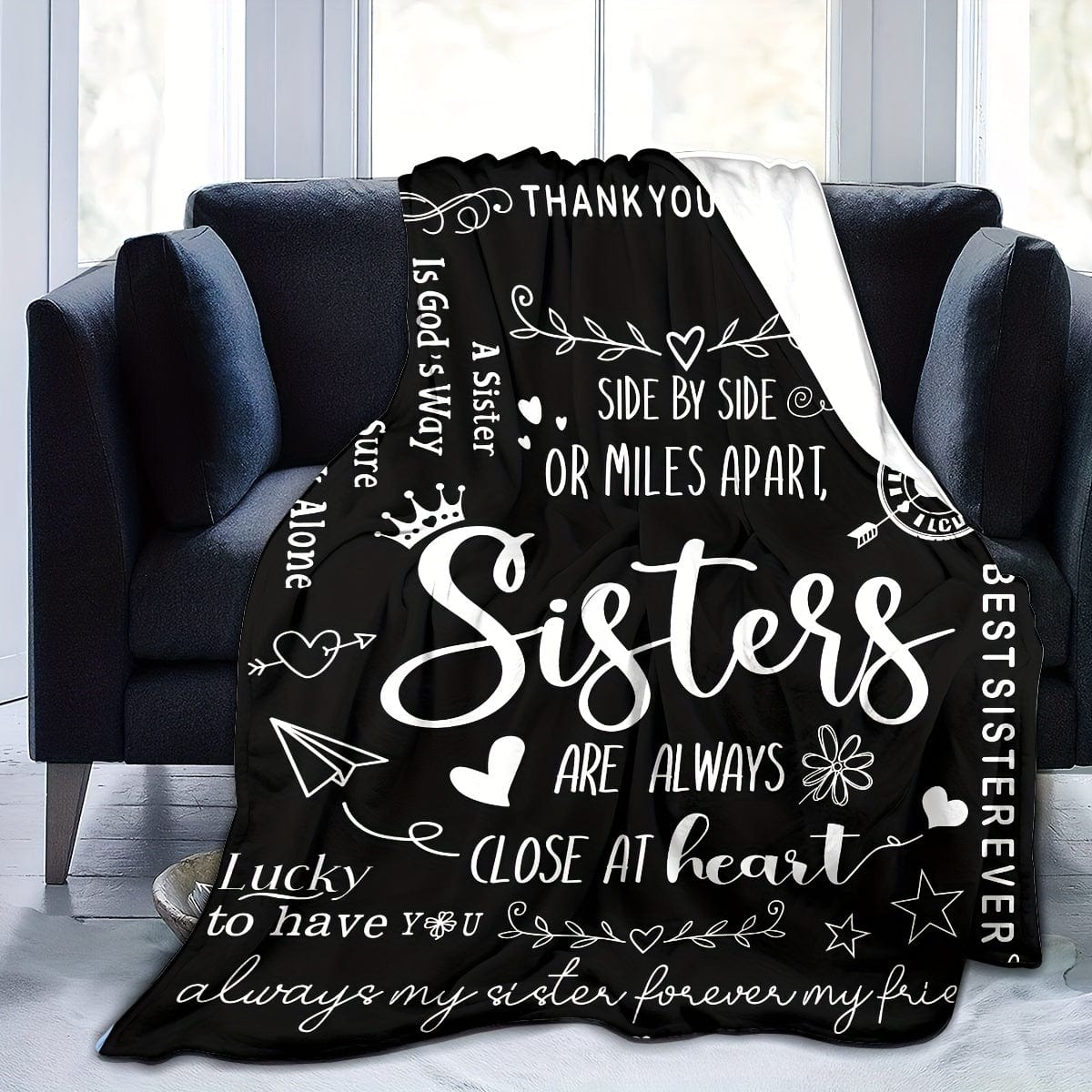 1pc Slogan Druckdecke, Schwarze Flanell Decke Geschenk Für Schwester, Weiche Gemütliche Wurfdecke Für Sofa Bett Couch Camping Büro Reisen