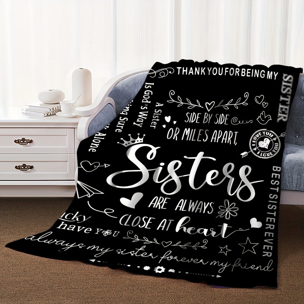 1pc Slogan Druckdecke, Schwarze Flanell Decke Geschenk Für Schwester, Weiche Gemütliche Wurfdecke Für Sofa Bett Couch Camping Büro Reisen