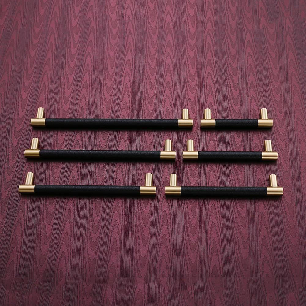 1PCS Schrankgriffe Massives Messing Schrank Kleiderschrank Ziehgriffe Schwarzes Leder Hardware Schublade Möbel Türgriffe Kommode Ziehgriff