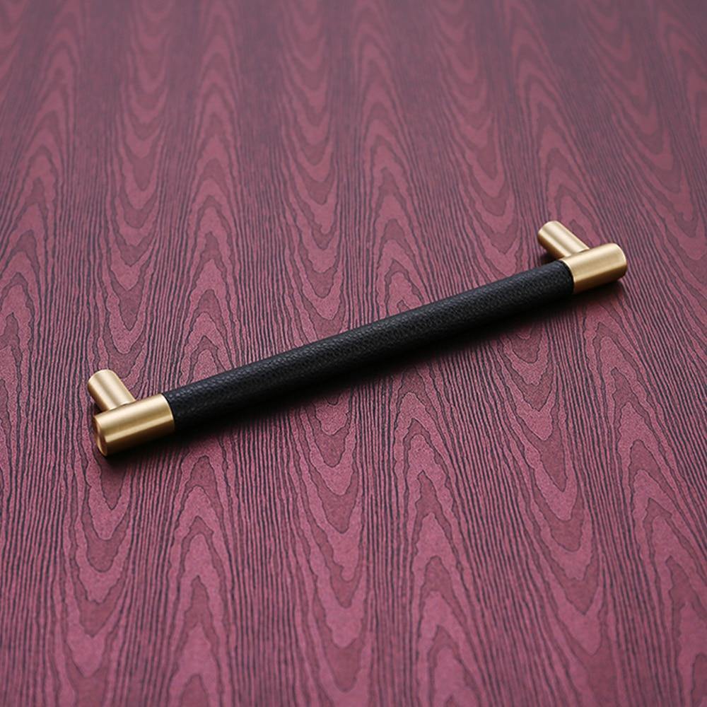 1PCS Schrankgriffe Massives Messing Schrank Kleiderschrank Ziehgriffe Schwarzes Leder Hardware Schublade Möbel Türgriffe Kommode Ziehgriff