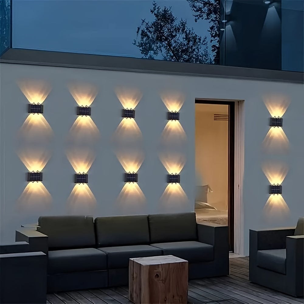 2 Packs Solar Wasserdichte Wandleuchten Außenbereich Dekoration, 6 LED Lichter Warmweiß Skandinavischer Stil Deckbeleuchtung Beleuchtung Außenleuchten, Terrasse, Straße, Landschaftsgestaltung, Zaun, Garage, Garten Wandleuchten