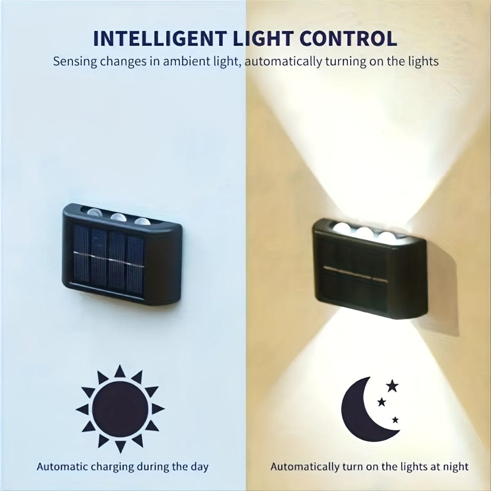 2 Packs Solar Wasserdichte Wandleuchten Außenbereich Dekoration, 6 LED Lichter Warmweiß Skandinavischer Stil Deckbeleuchtung Beleuchtung Außenleuchten, Terrasse, Straße, Landschaftsgestaltung, Zaun, Garage, Garten Wandleuchten