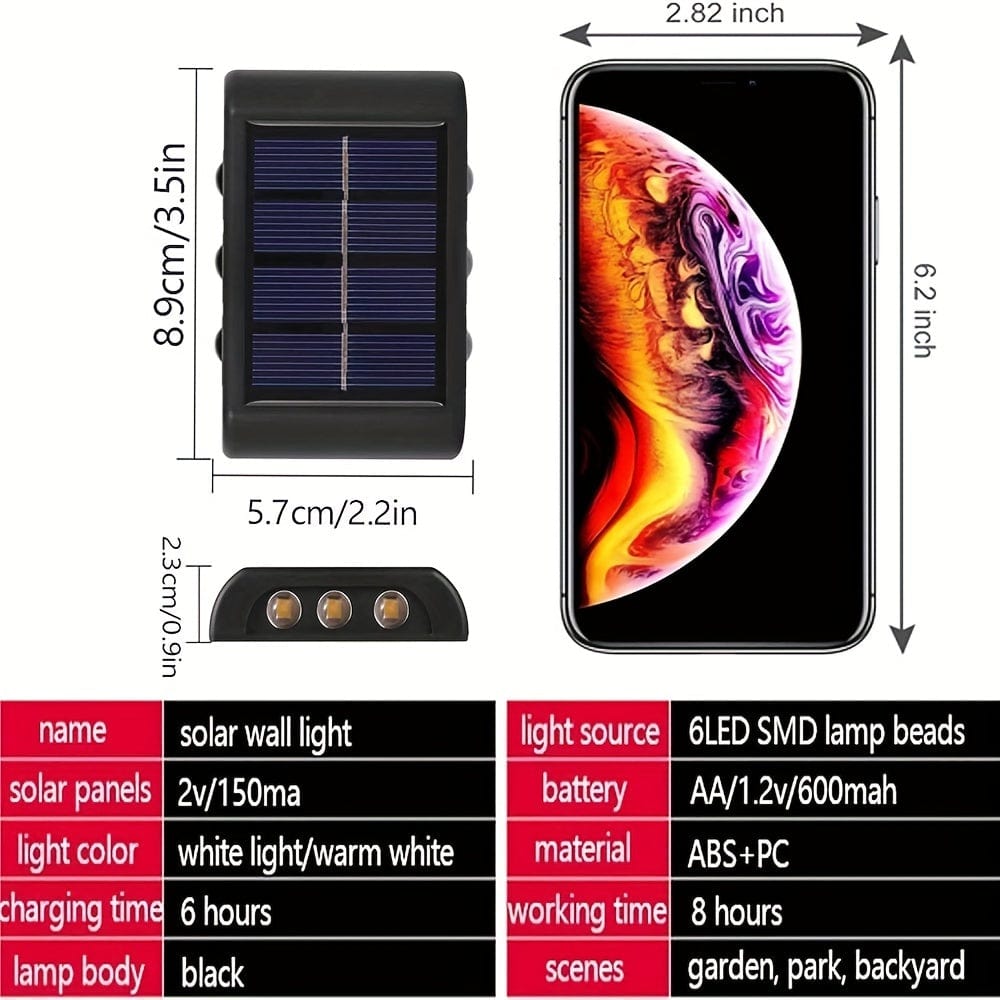 2 Packs Solar Wasserdichte Wandleuchten Außenbereich Dekoration, 6 LED Lichter Warmweiß Skandinavischer Stil Deckbeleuchtung Beleuchtung Außenleuchten, Terrasse, Straße, Landschaftsgestaltung, Zaun, Garage, Garten Wandleuchten