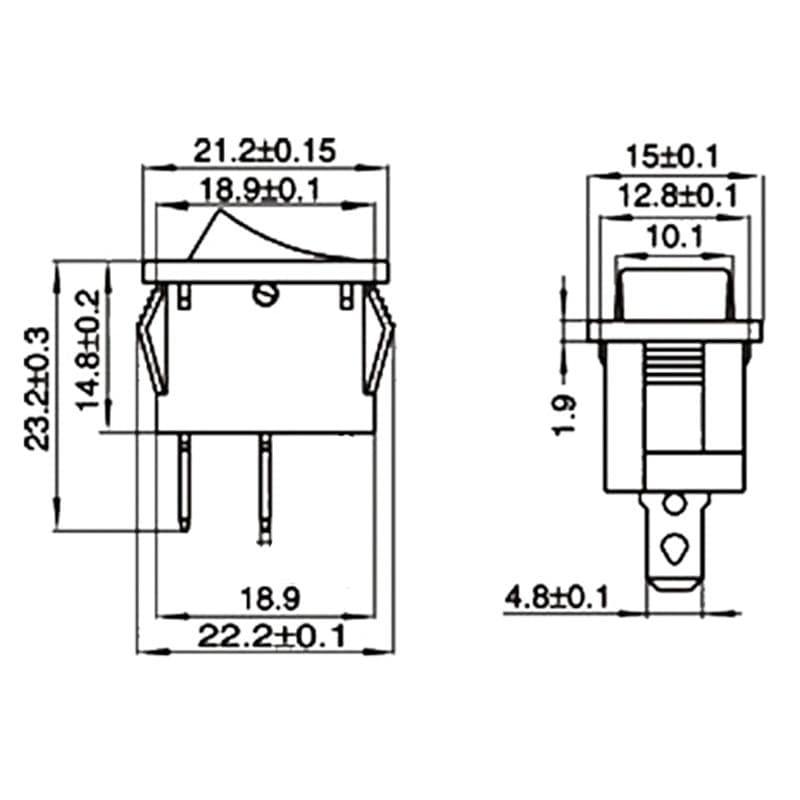 10 Stück/Los KCD1 2-Pin 250V 3A SPST Schwarzer Bootsschalter 21*15/15*10 Snap-in ON OFF Wippenschalter