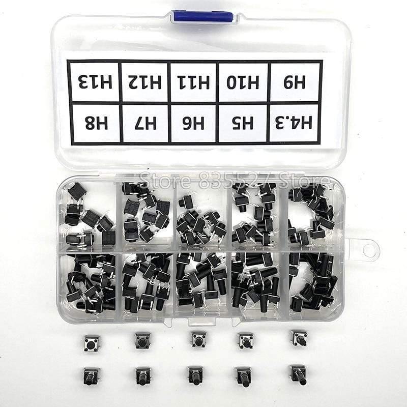 100 Stück / 10 Modelle 6*6 Licht Mikro Touch Switch Sets Druckknopf Schalter Kit, Höhe: 4,3MM - 13MM DIP 4Pin 6x6 Tasten Takt EIN/AUS