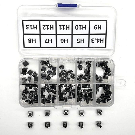 100 Stück / 10 Modelle 6*6 Licht Mikro Touch Switch Sets Druckknopf Schalter Kit, Höhe: 4,3MM - 13MM DIP 4Pin 6x6 Tasten Takt EIN/AUS