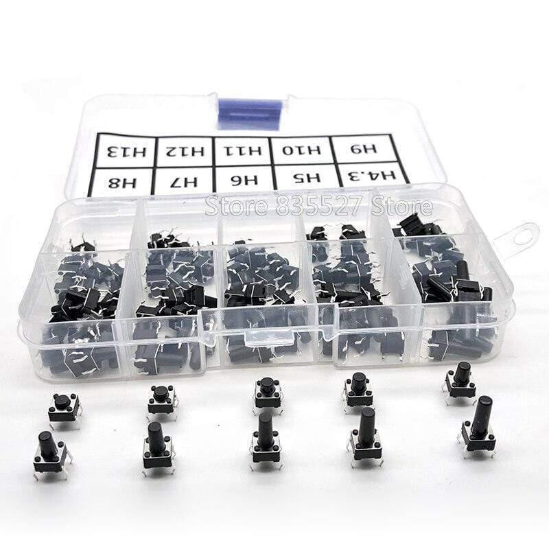 100 Stück / 10 Modelle 6*6 Licht Mikro Touch Switch Sets Druckknopf Schalter Kit, Höhe: 4,3MM - 13MM DIP 4Pin 6x6 Tasten Takt EIN/AUS