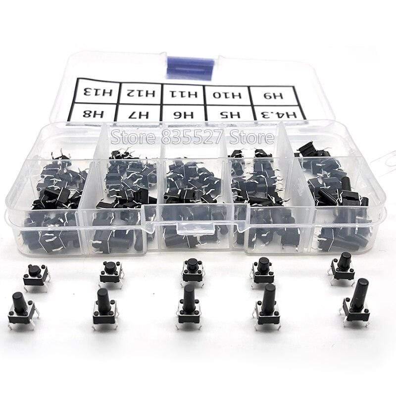 100 Stück / 10 Modelle 6*6 Licht Mikro Touch Switch Sets Druckknopf Schalter Kit, Höhe: 4,3MM - 13MM DIP 4Pin 6x6 Tasten Takt EIN/AUS