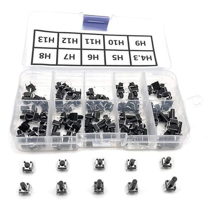 100 Stück / 10 Modelle 6*6 Licht Mikro Touch Switch Sets Druckknopf Schalter Kit, Höhe: 4,3MM - 13MM DIP 4Pin 6x6 Tasten Takt EIN/AUS