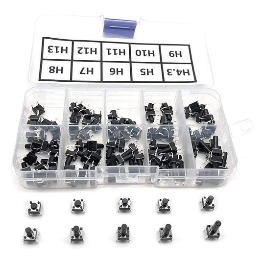 100 Stück / 10 Modelle 6*6 Licht Mikro Touch Switch Sets Druckknopf Schalter Kit, Höhe: 4,3MM - 13MM DIP 4Pin 6x6 Tasten Takt EIN/AUS