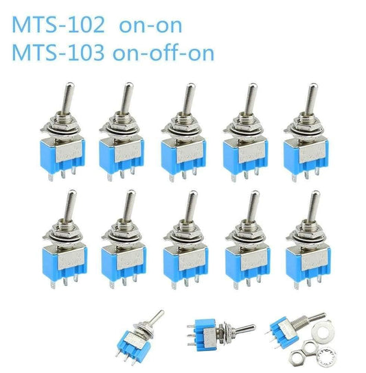 10 Stück/LOS Blaue Mini MTS-102 3-Pin SPDT EIN-EIN 6A 125VAC Miniatur Kippschalter MTS-103 3-Pin EIN-AUS-EIN