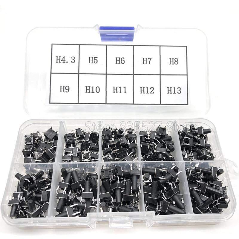 200 Stück / 10 Modelle 6*6 Licht Mikro Touch Switch Sets Drucktastenschalter Kit, Höhe: 4,3MM - 13MM DIP 4Pin 6x6 Tasten Takt ON/OFF