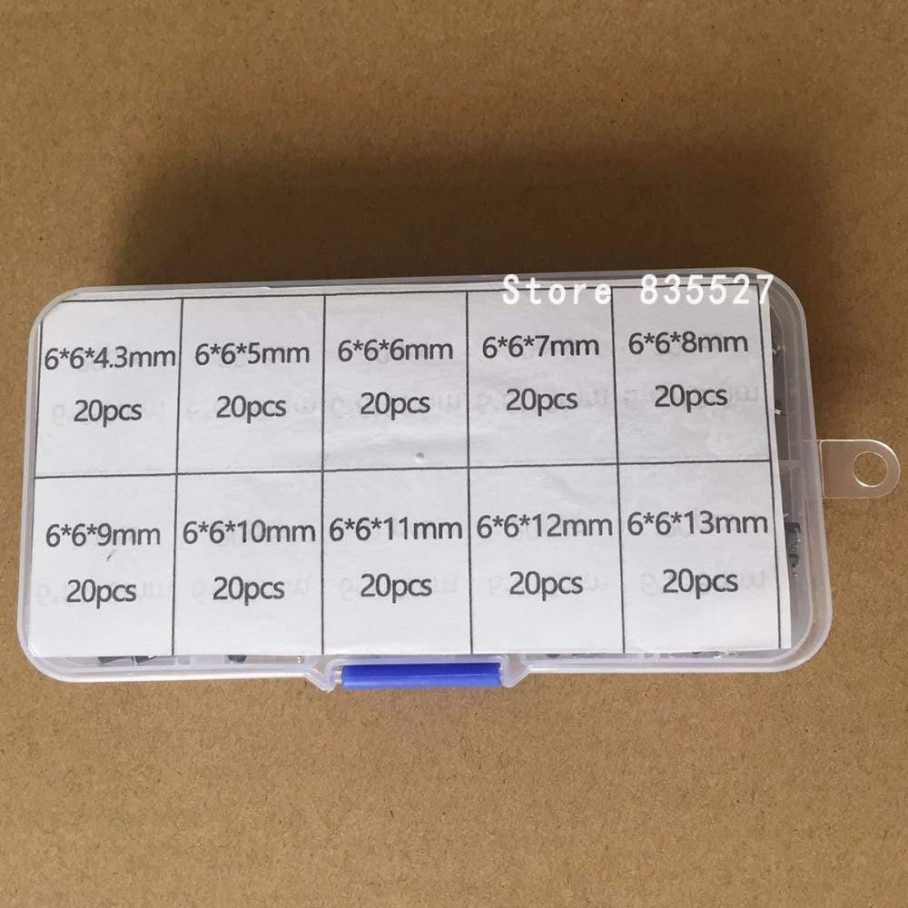200 Stück / 10 Modelle 6*6 Licht Mikro Touch Switch Sets Drucktastenschalter Kit, Höhe: 4,3MM - 13MM DIP 4Pin 6x6 Tasten Takt ON/OFF