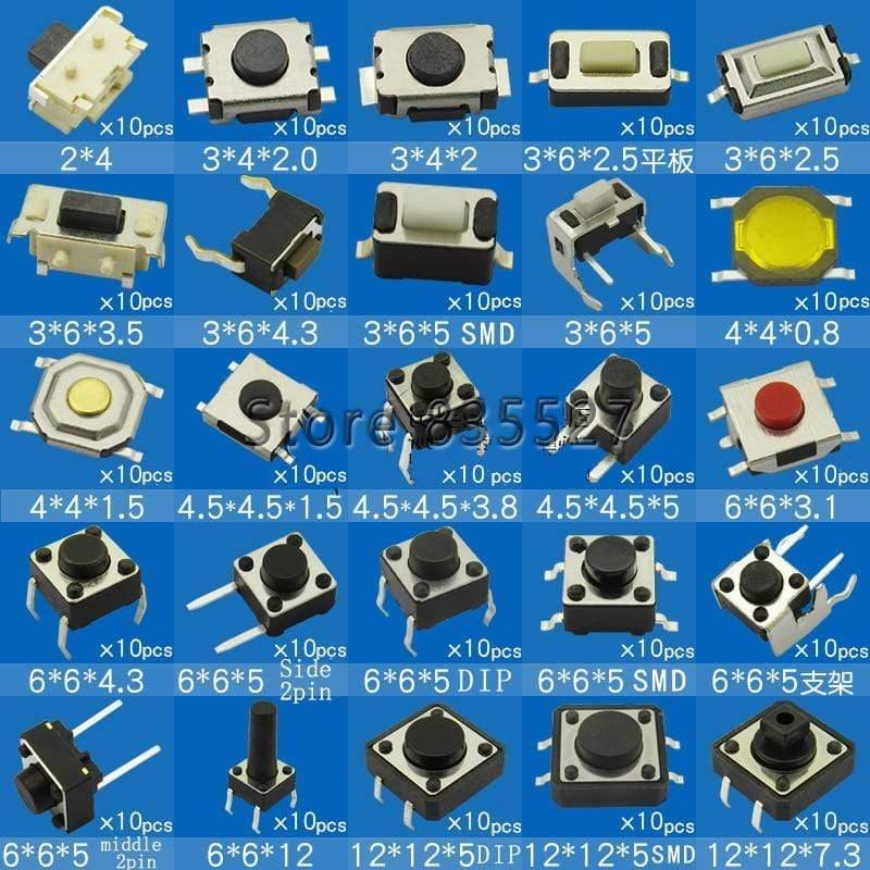 25 Arten - 250 Stück Lichtberührungsschalter-Pack Kleinschlüsselschalter-Mikroschalter-Pack 2*4 3*6 4*4 Druckknopf 6x6 12*12 2.5 3.5 4.3