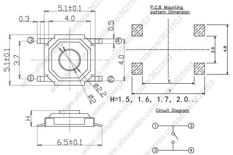50PCS/LOT SMD 4*4*1.5mm (5.2*5.2*1.5mm) taktile Takt Drucktaste Mikro-Schalter Momentary Drucktaste Kupferkopf/Gummikopf usw.