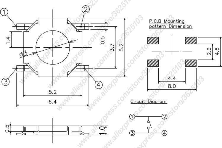 50PCS/LOT SMD 4*4*1.5mm (5.2*5.2*1.5mm) taktile Takt Drucktaste Mikro-Schalter Momentary Drucktaste Kupferkopf/Gummikopf usw.
