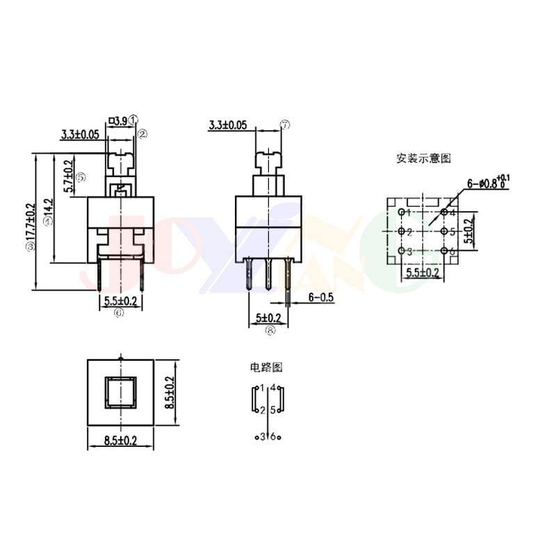 8.5*8.5MM Selbstsperrender Schalter Quadratischer Kopf 3.3X3.3 Doppeltreihig 6 Fuß 3X3 Verbundkonsole Taster Schalter (8.5x8.5 10PCS)