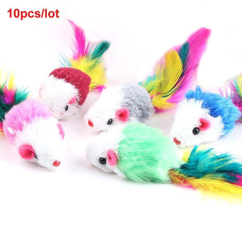 10 Stück/Packung Kaninchenfell falsche Maus Haustier Katzenspielzeug Feder Regenbogenballspielzeug Mini witzige Spielzeuge für Katzen Kätzchen 2 Zoll