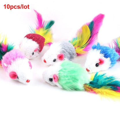10 Stück/Packung Kaninchenfell falsche Maus Haustier Katzenspielzeug Feder Regenbogenballspielzeug Mini witzige Spielzeuge für Katzen Kätzchen 2 Zoll