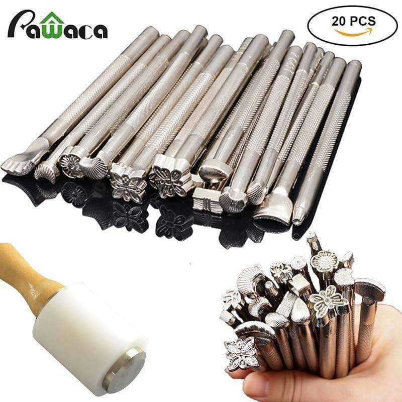 20 Piece DIY Leathercraft Saddle Stamping Tool Set for Leather Work Carbon Handmade Craft Stamping Hammer Cowhide Tool