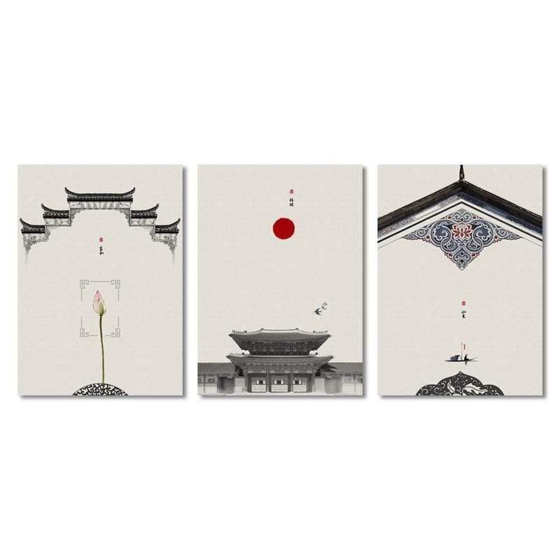 Klassische Architektur Lotus Rote Sonne Wandkunst Leinwandmalerei Poster und Drucke Wandbilder für das Wohnzimmer