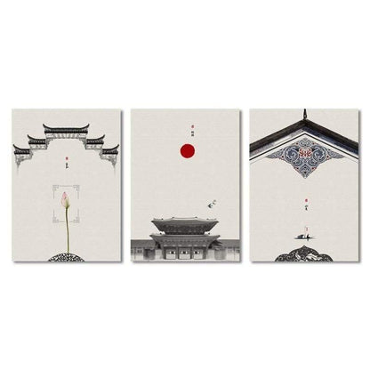 Klassische Architektur Lotus Rote Sonne Wandkunst Leinwandmalerei Poster und Drucke Wandbilder für das Wohnzimmer