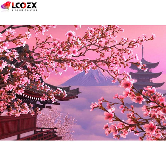 1pc Sakura Künstliche Diamantmalerei, Japanischer Fuji Berg Kirschblüten Blumen DIY Pink Rhinestones Falsche Diamant Malerei Set, Für Zuhause Raum Dekor Geschenke (29,97*39,88cm)