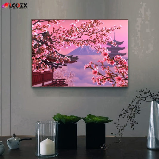 1pc Sakura Künstliche Diamantmalerei, Japanischer Fuji Berg Kirschblüten Blumen DIY Pink Rhinestones Falsche Diamant Malerei Set, Für Zuhause Raum Dekor Geschenke (29,97*39,88cm)