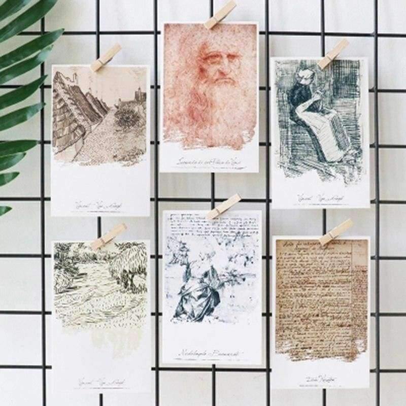 30Blätter/LOS Da Vinci Schwarz-Weiß Handgemalte Englisch/Weihnachten und Neujahr Geschenke /Postkarten Set /Wunschkarte/Visitenkarten