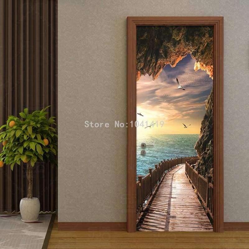 3D Tapete Schönes Küstenlandschaft Foto Wand Tür Wandbild Wohnzimmer Schlafzimmer Kreatives DIY Tür Aufkleber PVC Vinyl Tapete