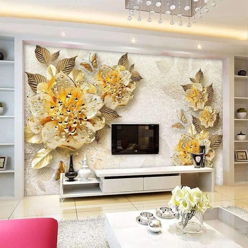 3D Tapete Europäischer Stil Goldene Diamant Blumen Schmuck Hintergrund Wandbilder Hotel Wohnzimmer TV Sofa Wohnkultur 3 D
