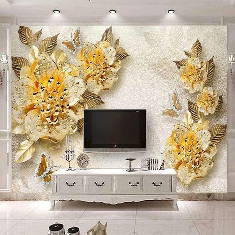 3D Tapete Europäischer Stil Goldene Diamant Blumen Schmuck Hintergrund Wandbilder Hotel Wohnzimmer TV Sofa Wohnkultur 3 D