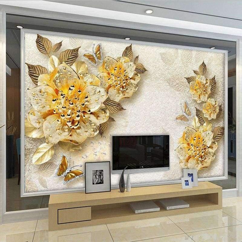 3D Tapete Europäischer Stil Goldene Diamant Blumen Schmuck Hintergrund Wandbilder Hotel Wohnzimmer TV Sofa Wohnkultur 3 D