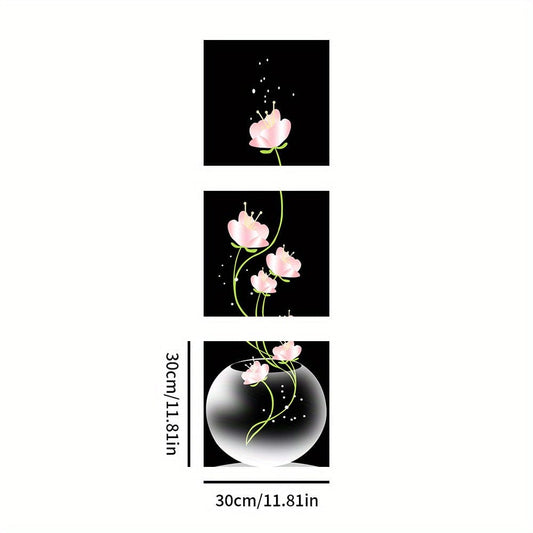3 Stück Pinke Blumen Quadrat Leinwand Drucke Malerei, Wandkunst Bild für Wohnzimmer Eingang Heimdekoration, Keine Rahmen