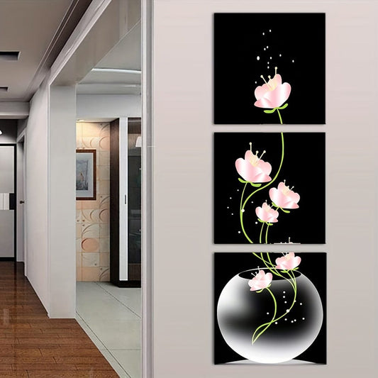 3 Stück Pinke Blumen Quadrat Leinwand Drucke Malerei, Wandkunst Bild für Wohnzimmer Eingang Heimdekoration, Keine Rahmen