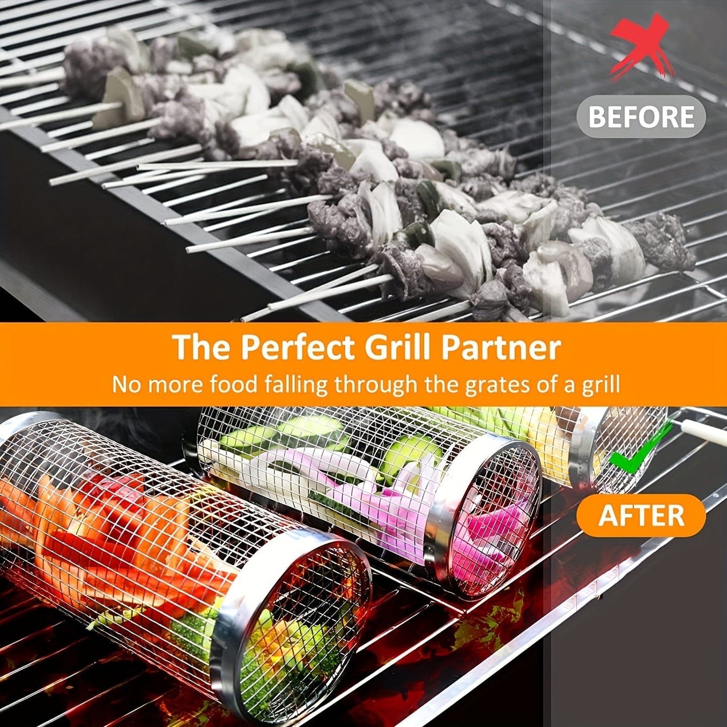 3 Stück/Set, BBQ Rollgrillkorb, Edelstahl Grillkäfig, Rundes Edelstahl BBQ Grillnetz für Gemüse, Fisch, BBQ Gemüsescheibenkorb für Picknick im Freien Camping, Grillzubehör, BBQ Zubehör