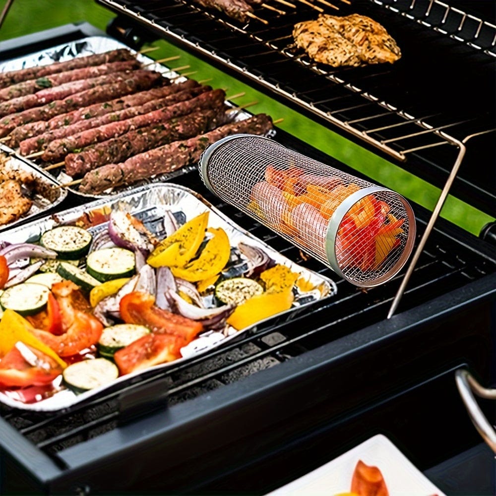 3 Stück/Set, BBQ Rollgrillkorb, Edelstahl Grillkäfig, Rundes Edelstahl BBQ Grillnetz für Gemüse, Fisch, BBQ Gemüsescheibenkorb für Picknick im Freien Camping, Grillzubehör, BBQ Zubehör