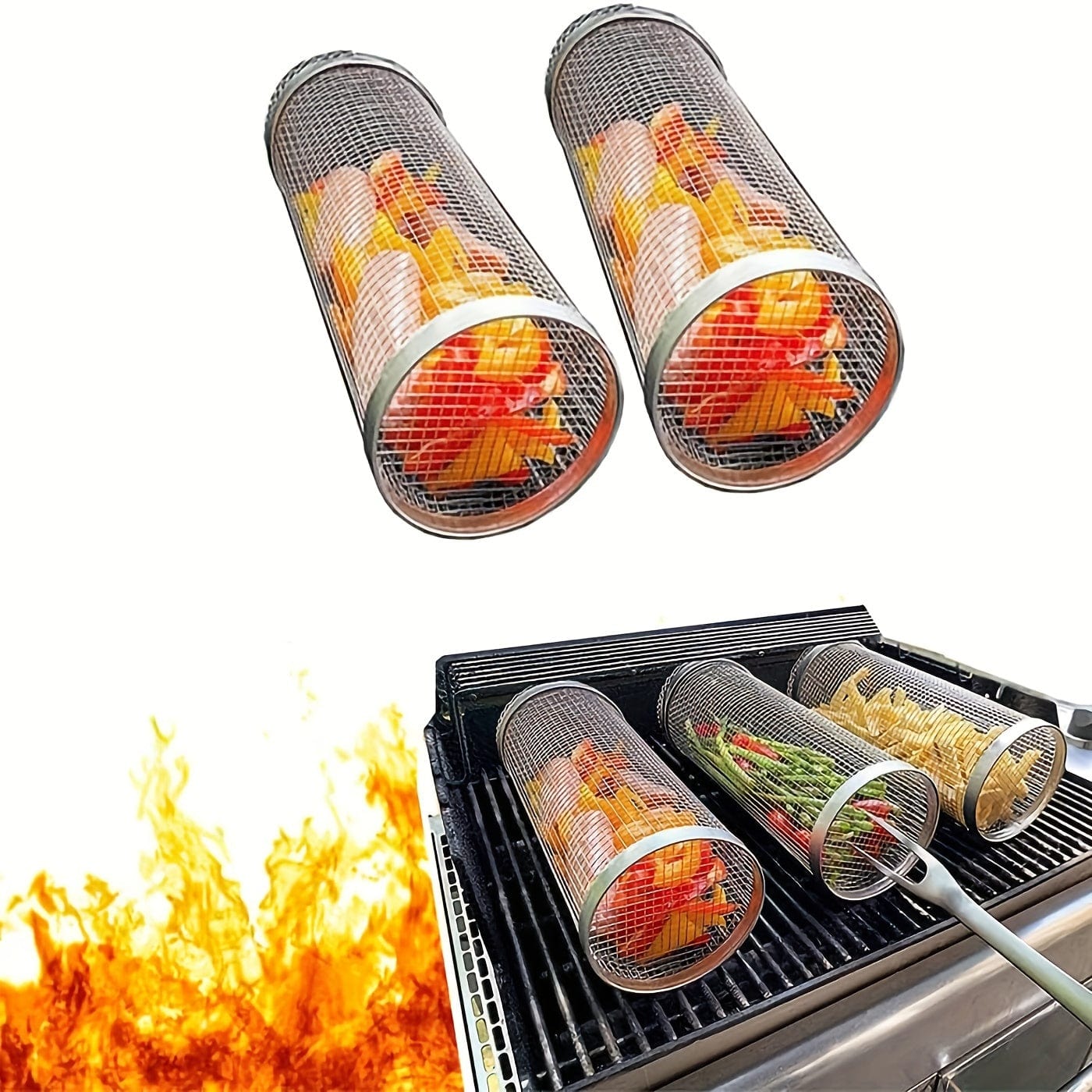3 Stück/Set, BBQ Rollgrillkorb, Edelstahl Grillkäfig, Rundes Edelstahl BBQ Grillnetz für Gemüse, Fisch, BBQ Gemüsescheibenkorb für Picknick im Freien Camping, Grillzubehör, BBQ Zubehör