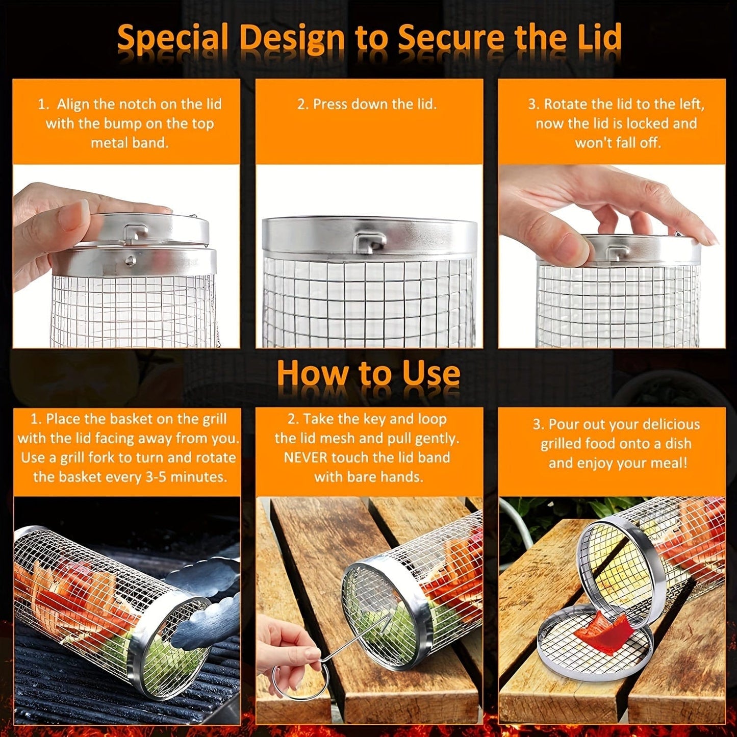 3 Stück/Set, BBQ Rollgrillkorb, Edelstahl Grillkäfig, Rundes Edelstahl BBQ Grillnetz für Gemüse, Fisch, BBQ Gemüsescheibenkorb für Picknick im Freien Camping, Grillzubehör, BBQ Zubehör