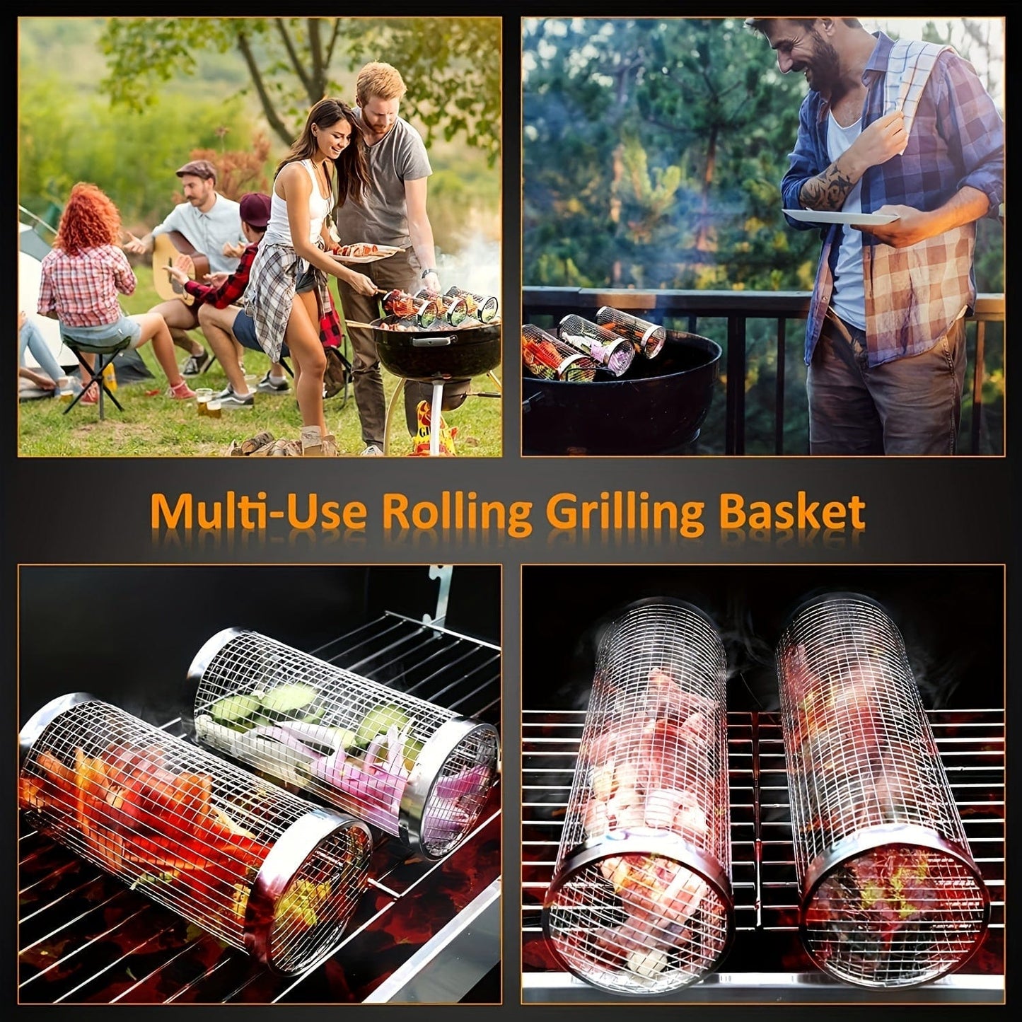 3 Stück/Set, BBQ Rollgrillkorb, Edelstahl Grillkäfig, Rundes Edelstahl BBQ Grillnetz für Gemüse, Fisch, BBQ Gemüsescheibenkorb für Picknick im Freien Camping, Grillzubehör, BBQ Zubehör