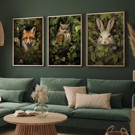 3pcs/set Unframed Canvas Poster, Retro Kunst, Magischer Wald Tier Wandkunst, Waldhexe Wandkunst, Waldtier Poster, Ideales Geschenk Für Schlafzimmer Wohnzimmer Flur, Wandkunst, Wanddekoration, Winterdekoration, Zimmerdekoration