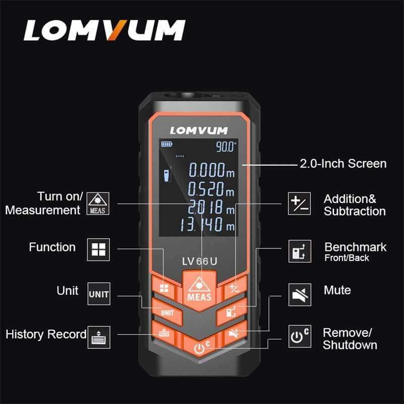 LOMVUM Battery-Powered Auto-Leveling Laser Distance Meter Multifunctional Distance Measuring Device Night Vision Laser Distance Meter Tool
