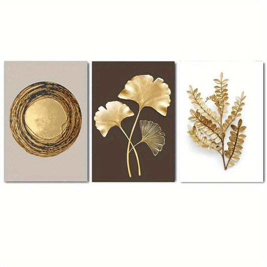 3 Stück Modern Luxury Circle Golden Leaf Wandkunst, Gedrucktes Leinwand-Dekobild, Poster für Wohnzimmer Schlafzimmer Bürodekor, Wohnaccessoire Geschenk, Ohne Rahmen