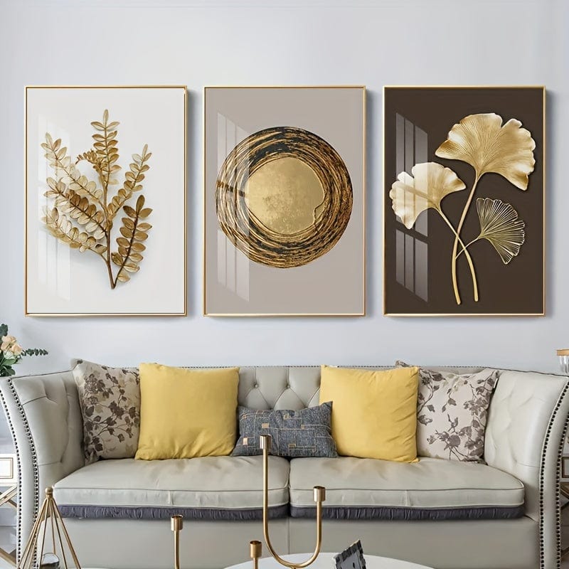 3 Stück Modern Luxury Circle Golden Leaf Wandkunst, Gedrucktes Leinwand-Dekobild, Poster für Wohnzimmer Schlafzimmer Bürodekor, Wohnaccessoire Geschenk, Ohne Rahmen