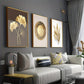 3 Stück Modern Luxury Circle Golden Leaf Wandkunst, Gedrucktes Leinwand-Dekobild, Poster für Wohnzimmer Schlafzimmer Bürodekor, Wohnaccessoire Geschenk, Ohne Rahmen