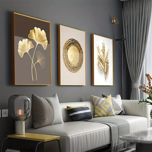 3 Stück Modern Luxury Circle Golden Leaf Wandkunst, Gedrucktes Leinwand-Dekobild, Poster für Wohnzimmer Schlafzimmer Bürodekor, Wohnaccessoire Geschenk, Ohne Rahmen