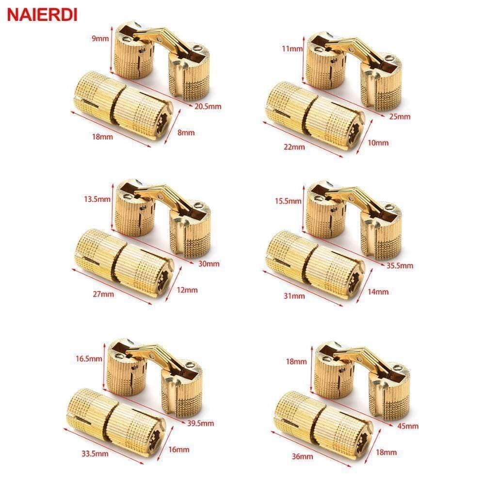 4PCS NAIERDI Kupfer Messing Möbel Scharniere 8-18mm Zylindrische Verborgene Schrank Unsichtbare Tür Kasten Scharniere Für Hardware