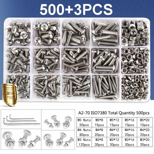 503 Stück M3 M4 M5 Hochwertige Edelstahl-Knopfkopf-Sechskantschrauben Maschinen-Schrauben und Muttern-Set mit Schraubenschlüssel