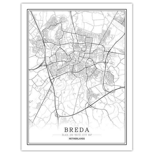 Niederlande Schwarz Weiß Weltstadtkarte Poster Nordic Wohnzimmer Amsterdam Breda Wandkunst Bilder Wohnkultur Leinwandgemälde